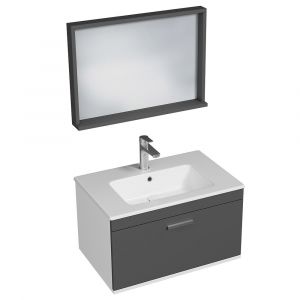 Meuble 1 Vasque Encastrée 70 Cm + Miroir Cadre 1 Tiroir Gris Anthracite Salle De Bain - Rubite
