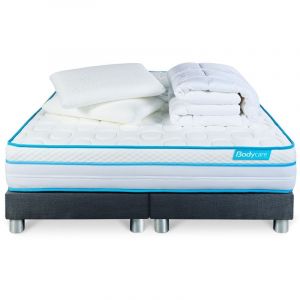 Body Care Pack BODYZONE+ 160x200 Ressorts ensachés, visco 5 zones Ultra épaisseur double sommiers gris + Couette + 2 oreillers 160 x 200 cm