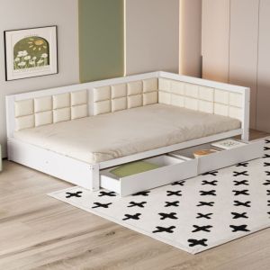 Canapé-lit 140x200 cm, lit enfant, cadre de lit en bois avec sommier à lattes et tiroirs, blanc