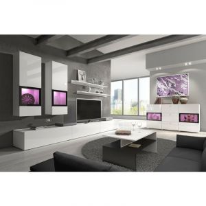 Ensemble meubles de salon design collection RAMOS. Coloris blanc brillant. LED intégrées. - Blanc