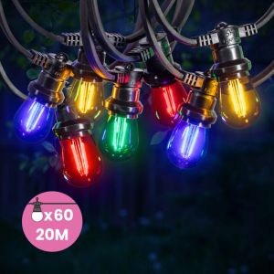 SkyLantern Guirlande Guinguette 20M 60 Bulbes Filament Rouge Bleu Jaune Vert - Guirlande Lumineuse Ampoule E27 Multicolore