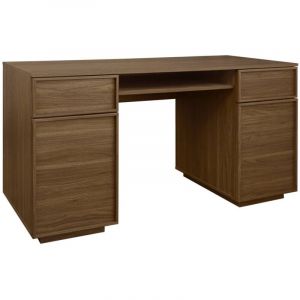 Bureau effet bois noyer 2 portes 2 tiroirs 1 niche 140cm - L 140 x P 55 x H 77cm - Kuba