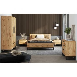 Meublorama - Chambre compléte style industriel collection milos : armoire 3 portes, lit 140x200, commode, chevets, chêne brut et noir