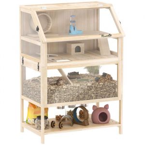 Pawhut Cage pour hamster - habitat pour rongeur - 3 &eacute;tages avec panneau acrylique et roue - bois - XXL, 80x53x117cm - effet bois