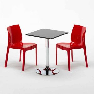 Grand Soleil Table Noir et 2 Chaises Colorées Polypropylene Set Interieur Bar Café MOJITO | Ice rouge - Noir - Carré