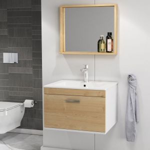 Meuble 1 Vasque Encastrée 70 Cm + Miroir Cadre 1 Tiroir Chêne Clair Salle De Bain - Rubite