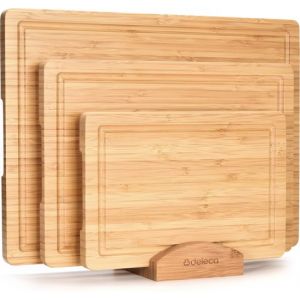Deleca Set de planches à découper avec support - 3 pièces (40x30 / 33x24 / 26x18 cm) - Planche à découper pour la cuisine - Planche à découper, Planche à servir, Planche à fromage, Planche à servir et Planche à tapas - Bois de bambou de qualité supérieure