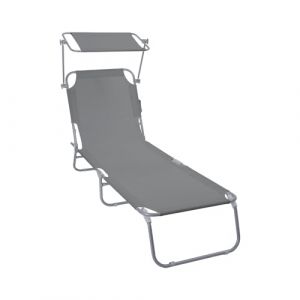 Vounot Chaise Longue avec Pare Soleil Bain de Soleil Pliable Tissu Polyester Inclinable 4 Positions Transat Charge Max 120KG pour Jardin Terrasse Piscine Plage Camping Gris