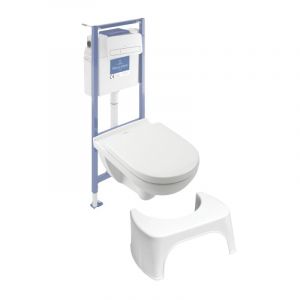Villeroy & Boch Pack WC sans bride O novo avec abattant frein de chute + bâti Viconnect PRO + plaque blanche + Tabouret blanc