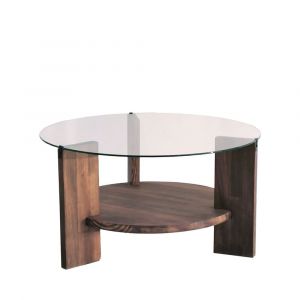 DRAWER Table basse ronde en verre trempé et bois ø75cm - Bois foncé - Mino