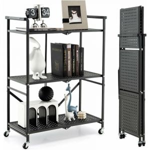 Chariot de Service &agrave; roulettes Pliable, &Eacute;tag&egrave;re de Rangement en M&eacute;tal Robuste &agrave; 3 Niveaux avec 4 Roues Flexibles (2 Verrouillables), pour Cuisine,