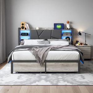 Lit Double 160x200 - Coffre avec Tiroirs - &Eacute;clairage RGB - M&eacute;tal et Bois Noir - 350kg