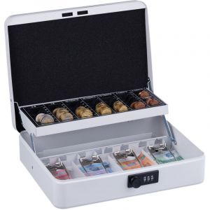 Relaxdays Caisse &agrave; Monnaie, Pratique, Combinaison &agrave; 3 Chiffres, en Fer, H x L x P : 8,5 x 30,5 x 25 cm, Blanche