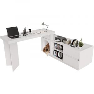 Image de Bureau d'angle - Avec niche int&eacute;gr&eacute;e pour animaux &ndash; 120x50x75cm - MDF - Blanc