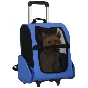 Pawhut Sac de transport &agrave; roulettes pour chien 2 en 1 - poign&eacute;e t&eacute;l&eacute;scopique sacs de rangement a&eacute;rations - 42 x 25 x 55 cm bleu