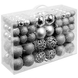 BAKAJI Lot de 100 Boules de No&euml;l diam&egrave;tre 3/4/6 cm d&eacute;corations pour Sapin de No&euml;l (Argent)