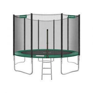 Image de Trampoline ext&eacute;rieur diam&egrave;tre 427 cm &eacute;quipement jardin avec &eacute;chelle filet de protection poteaux recouverts noir et vert fonc&eacute; 12_0002075