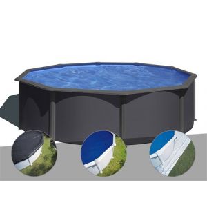 Gre Kit piscine acier gris anthracite Louko ronde 4,80 x 1,22 m + Bâche d'hivernage + Bâche à bulles + Tapis de sol