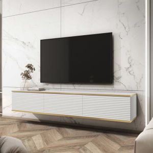 Meuble TV Banff RTV175 MDF, blanc mat, ch&ecirc;ne artisanal, largeur 175 cm, hauteur 30 cm, profondeur 32 cm