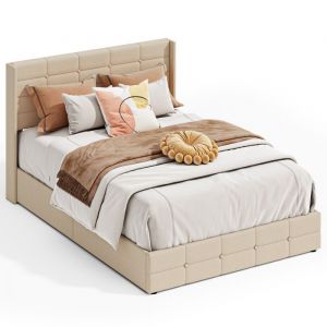 Lit Coffre Double 140 x 200 cm Bealife avec Syst&egrave;me de Rangement Hydraulique T&ecirc;te de Lit Capitonn&eacute;e Sommier &agrave; Lattes en Bois Cadre en M&eacute;tal Beige