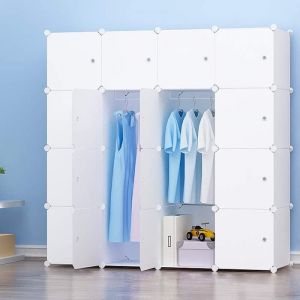 Image de Armoire de Chambre 16 Cube avec porte Meuble de Rangement avec Penderie Modulable Tige à Vêtements 140 x 45 x 140cm Blanc