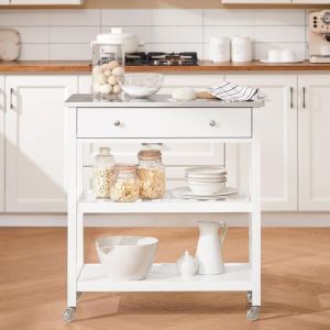 Sobuy Desserte Cuisine à roulettes Îlot Central avec Plateau Acier INOX, Tiroirs et Étagères Ouvertes, Chariot de Service et Meuble de Rangement pour
