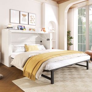 Lit escamotable 140 x 200 cm - avec 1 tiroir - avec compartiments de rangement - &eacute;quip&eacute; de ports USB et Type-C - blanc (matelas non inclus)