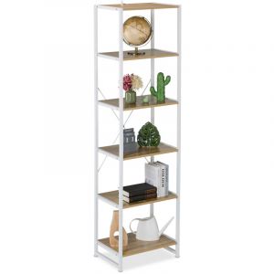 Relaxdays Bibliothèque, Étagère sur pied, HxLxP: 180 x 50 x 35 cm, 6 niveaux ouverts, meuble d'appoint, blanc/naturel
