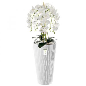 Orchid&eacute;e artificielle bouquet de fleurs blanches feuilles galets pot haut Blanc H 115 cm