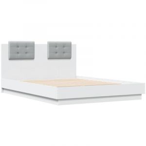 VidaXL Cadre de Lit avec Tête de Lit et Lumières LED, Sommier à Lattes, Lit Double, Lit Adulte de Chambre à Coucher Intérieur, Moderne, Blanc 140x190 cm