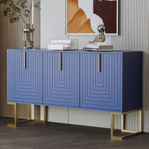 Buffet moderne avec étagères réglables - 3 portes à motif de U - poignées et base en métal - Bleu