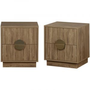 Sweeek - Lot de 2 tables de chevet 2 tiroirs effet bois de manguier rainuré. poignées en métal doré. L42 x P38 x H50cm