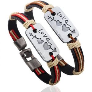 Bracelet - Naturel - Couple - Cuir - Rouge - 2 Pièces - Saint Valentin