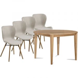 Hellin Table ronde extensible pieds fuseau D115 + 4 chaises tissu - victoria - Amande