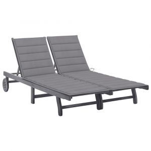 Transat chaise longue bain de soleil lit de jardin terrasse meuble d'extérieur 2 places avec coussin gris acacia 02_0012230