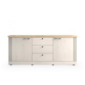 ROMANE - Buffet 2 portes 3 tiroirs couleur ch&ecirc;ne blanc et bois clair