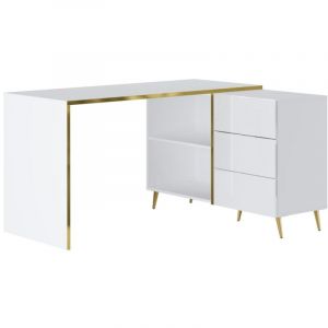 Bureau d'angle avec tiroirs et niches - Blanc brillant et doré - marzialo
