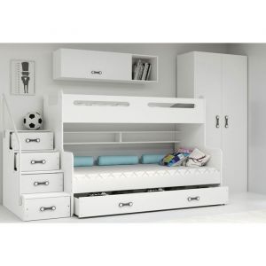 Image de Lit Superposé Max 3 200x80, 200x120 Escalier Sommier &, 5 Tiroirs, Charge Max 100 kg (blanc)