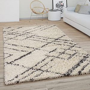 Paco Home - Tapis Shaggy Tapis De Salon Poil Long Moderne Boho Scandinave Motif Diamant 120 cm rond, Cr&egrave;me Anthracite 4