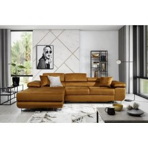 Venesetti - Canapé d'angle convertible armel en tissu luxe 5 places, couleur cuivre, avec coffre, angle gauche (vu de face) - Cuivre