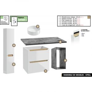 Ensemble complet de salle de bain - Meuble - Plan - Armoires - Cube - Vasque &agrave; poser avec Siphons OFFERT OPRA 90 x 60 x 45 cm