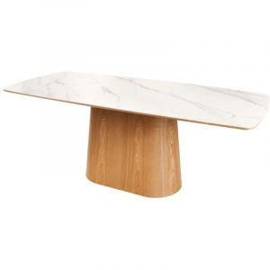Table de salle à manger LUMEA – Rectangulaire 200 cm – Plateau céramique effet marbre blanc et pied aspect bois clair