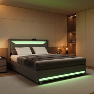 Structure de lit 160x200 cm, Lit coffre 160x200 cm avec LED et USB, Tissu en lin, Lit 160x200 cm, Coffre de rangement, Sommier, Gris