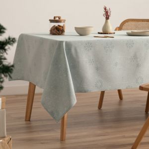 Nappe de No&euml;l en coton jacquard vert d'eau et argent 140x300 cm