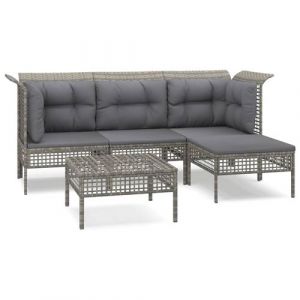 VidaXL Salon de jardin 5 pcs avec coussins Gris R&eacute;sine tress&eacute;e