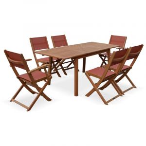 Alice's Garden Salon de jardin en bois Almeria, table 120-180cm rectangulaire, 2 fauteuils, 4 chaises eucalyptus FSC et textilène terra cotta