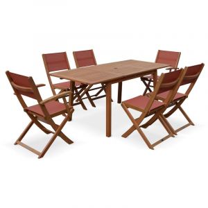 Alice's Garden Salon de jardin en bois Almeria, table 120-180cm rectangulaire, 2 fauteuils, 4 chaises eucalyptus FSC et textilène terra cotta