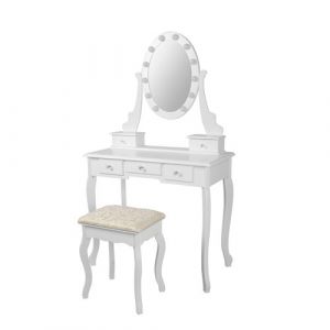 ML-Design Coiffeuse Table de Maquillage Blanc avec Tabouret, Éclairage LED, Miroir et 5 Tiroirs, 80 x 129 x 40 cm, Table de Toilette Moderne en Bois