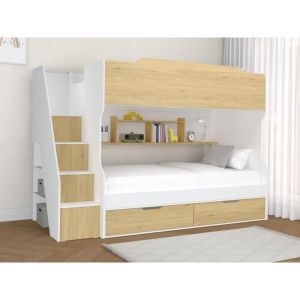 Lit superposé 90 x 190 cm - Avec rangements - Coloris : Blanc et naturel - yalova
