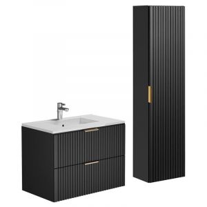 Meuble de salle de bain suspendu strié avec vasque à encastrer et colonne - Noir - 80 cm - ZEVARA